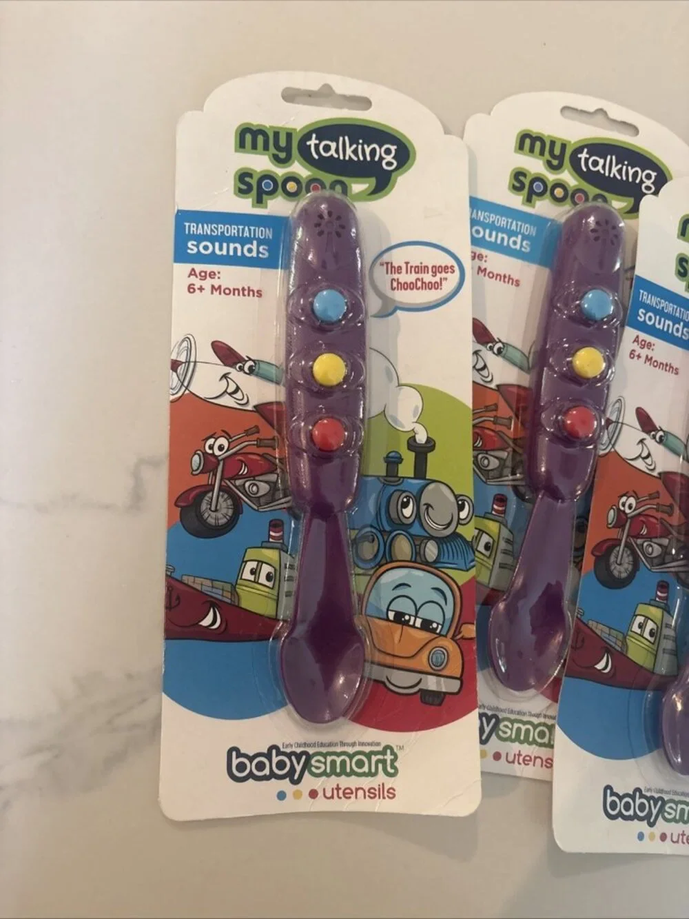 Lot of 3 BabySmart My Talking Spoon Transportation Sounds Learning Utensil 6m+